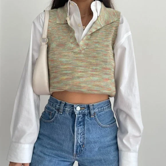 NWT Hazel Moon multi colored Knit Polo Collared Cropped top - Picture 7 of 9